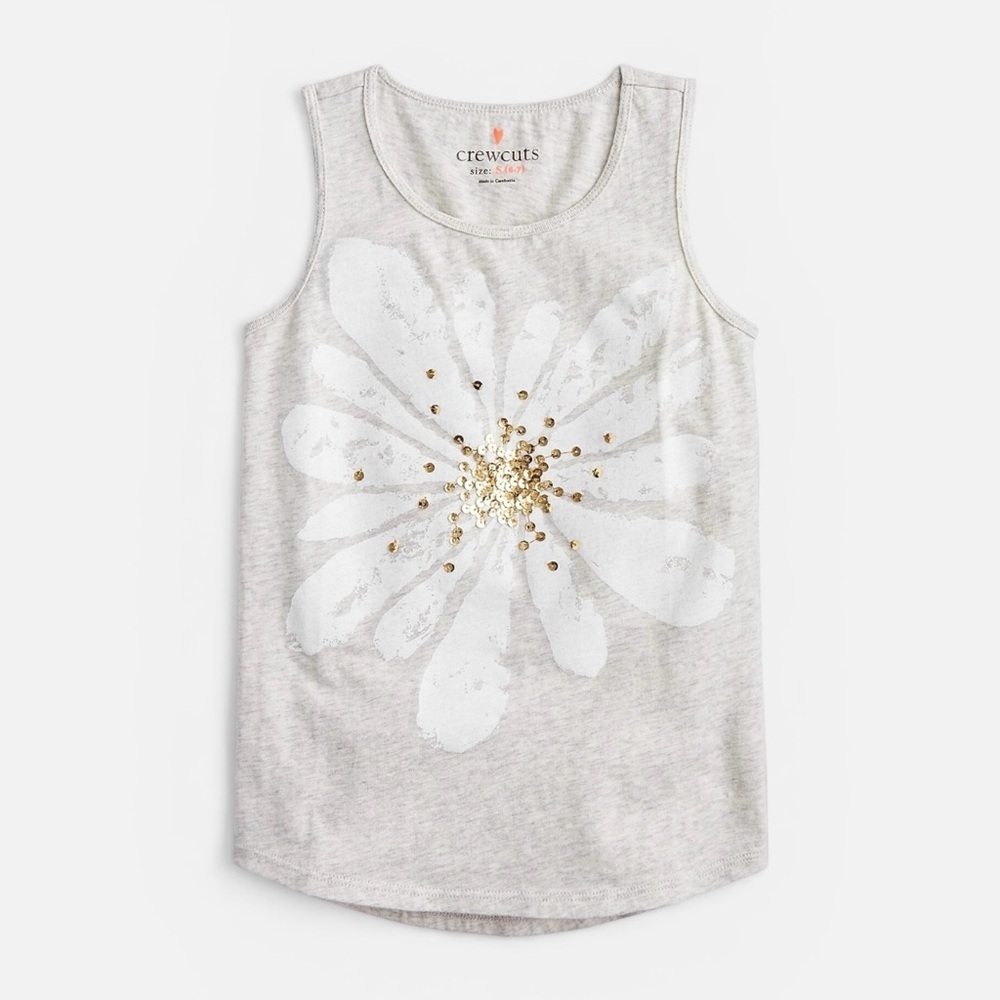 J.Crew Crewcuts Sequin Flower Tank Top Gray White Gold Girls Size 6-7 Cotton